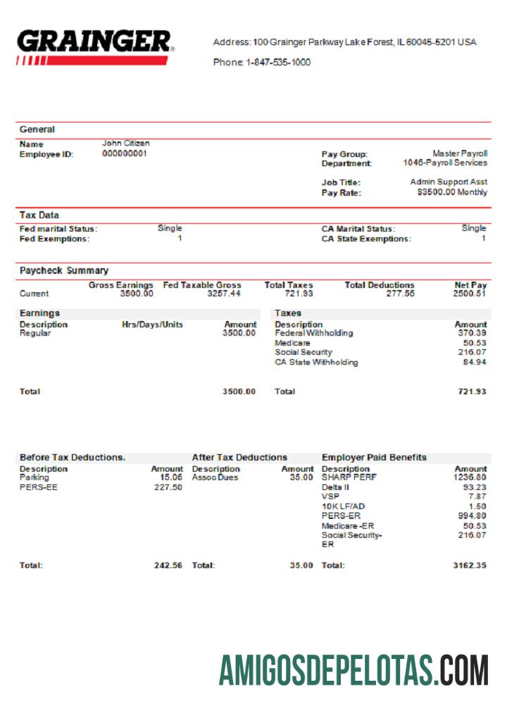 Recibo de pagamento da USA Grainger Industry Company exemplo